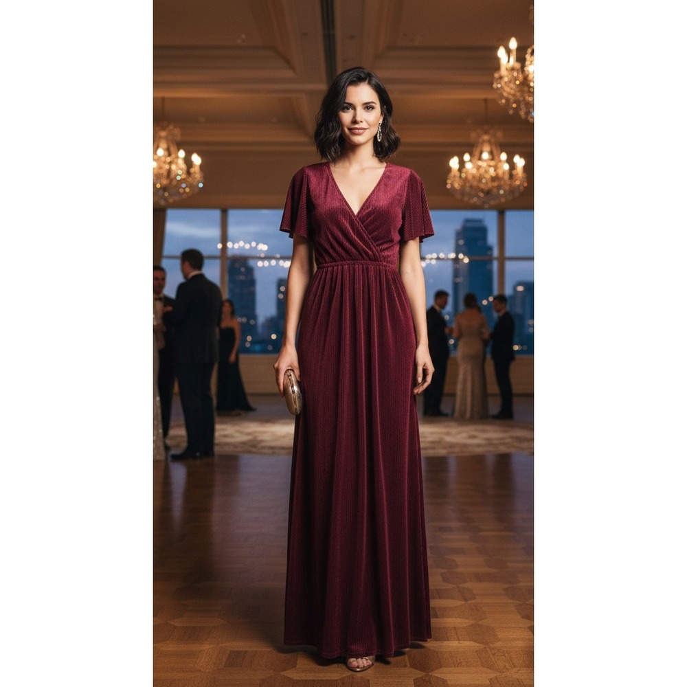 Baltic Born Athena Pleated Maxi Dress‎ Womens S Burgundy Empire Waist Surplice